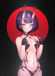 Rule 34 | 1girl, bad id, bad pixiv id, bare shoulders, black gloves, blush, breasts, bridal gauntlets, bright pupils, closed mouth, commentary request, cowboy shot, eyeliner, fate/grand order, fate (series), fingerless gloves, gloves, hair ornament, hands on own chest, highres, hikimayu, horns, makeup, nail polish, navel, purple eyes, purple hair, revealing clothes, rorona s., short hair, shuten douji (fate), simple background, skin-covered horns, small breasts, smile, solo
