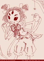 Rule 34 | 1girl, bug, dated, extra arms, extra eyes, fangs, arthropod girl, itimu, looking at viewer, monochrome, monster girl, muffet, multi limb, short hair, short twintails, simple background, solo, spider, spider girl, twintails, undertale