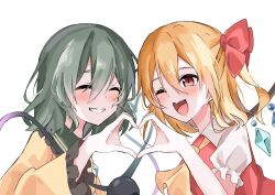 Rule 34 | 2girls, ;d, ^ ^, ascot, blonde hair, closed eyes, commentary request, crystal wings, flandre scarlet, green hair, grin, hair ribbon, happy, heart, heart hands, heart hands duo, highres, komeiji koishi, light blush, medium hair, miya (user zsjh8384), multiple girls, one eye closed, open mouth, puffy sleeves, red ribbon, ribbon, simple background, smile, touhou, upper body, white background, yellow ascot