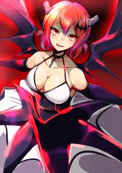 Rule 34 | &gt;:), 10s, 1girl, absurdres, agetama, bare shoulders, bat hair ornament, blush, breasts, cleavage, cowboy shot, demon girl, demon horns, demon wings, dress, elbow gloves, fangs, gabriel dropout, gloves, hair between eyes, hair ornament, hair rings, halterneck, halterneck, highres, horns, satanichia kurumizawa mcdowell, large breasts, looking at viewer, aged up, outstretched arms, parted lips, red eyes, red hair, slit pupils, smile, solo, spread arms, v-shaped eyebrows, wings