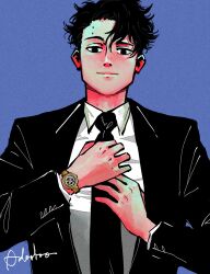 Rule 34 | 1boy, adjusting clothes, adjusting necktie, adooble, black eyes, black hair, black necktie, black suit, blue background, commentary, english commentary, formal, haikyuu!!, highres, male focus, mole, mole on forehead, necktie, raised eyebrow, sakusa kiyoomi, signature, smile, solo, suit, upper body, watch, wristwatch