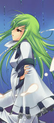 Rule 34 | 00s, 1girl, c.c., capelet, code geass, cowboy shot, dress, from side, gradient background, green hair, half-closed eyes, long hair, long image, orange eyes, profile, short sleeves, solo, standing, tall image, white dress, yellow eyes, yukian