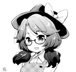 Rule 34 | 1girl, black hat, blush, bow, collared shirt, commentary, glasses, greyscale, hat, hat bow, looking at viewer, monochrome, open mouth, shirt, short twintails, simple background, smile, solo, tanasuke, touhou, twintails, upper body, usami sumireko, vest, white background