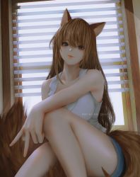 Rule 34 | 1girl, animal ears, aoi ogata, artist name, bare arms, bare shoulders, black shorts, window blinds, blue eyes, brown eyes, brown hair, clip studio paint (medium), closed mouth, collarbone, collared shirt, commentary, commission, english commentary, hair between eyes, highres, knee up, long hair, looking at viewer, original, red lips, shirt, short shorts, shorts, sitting, sleeveless, sleeveless shirt, smile, solo, tail, very long hair, white shirt, window
