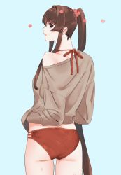 Rule 34 | 1girl, absurdres, aqua background, bikini, bikini under clothes, breasts, brown hair, brown shirt, commentary request, flower, hair between eyes, hair flower, hair ornament, highres, kantai collection, long hair, off shoulder, parted lips, pink flower, profile, red bikini, shirt, shishanmo, sidelocks, simple background, solo, sweat, swimsuit, very long hair, yamato (kancolle)