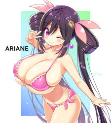 Rule 34 | 1girl, ariane cevaille (silo9), bare shoulders, bikini, black hair, blush, borrowed character, breasts, cleavage, collarbone, earrings, frilled bikini, frills, hair ribbon, heart, heart earrings, huge breasts, jewelry, long hair, looking at viewer, micro bikini, navel, necklace, one eye closed, pink bikini, purple eyes, ribbon, shuz (dodidu), skindentation, smile, solo, strap gap, swimsuit, thick thighs, thighs, twintails, twitter username, underboob, v, very long hair, wink