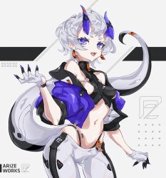 1girl :d barcode barcode_tattoo bare_shoulders breasts cancell earrings gloves highres horns jacket jewelry looking_at_viewer mole mole_on_breast navel open_mouth original purple_eyes purple_nails sidelocks small_breasts smile solo tail tattoo teeth white_gloves white_hair