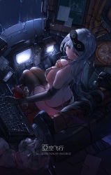 Rule 34 | 1girl, absurdres, artist name, ass, at computer, backlighting, between breasts, bikini, black bikini, black gloves, black thighhighs, breasts, brown eyes, butt crack, computer, drinking, drinking straw, elbow gloves, food, from above, gloves, halterneck, highres, keyboard, large breasts, long hair, looking back, original, pizza, sex toy, silver hair, sitting, solo, string bikini, swd3e2, swimsuit, thighhighs, vibrator, vibrator cord