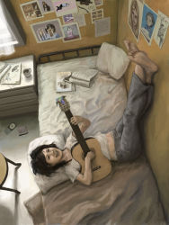 Rule 34 | 1girl, acoustic guitar, barefoot, bug, butterfly, capri pants, casual, evokid, feet, guitar, happy, bug, instrument, crossed legs, legs up, messy hair, music, original, pants, playing instrument, poster (medium), poster (object), realistic, room, sheet music, shirt, smile, soles, t-shirt, toes, underwear