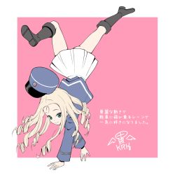 Rule 34 | 1girl, ass, bc freedom military uniform, blonde hair, blue hat, blue jacket, boots, border, drill hair, girls und panzer, green eyes, handstand, hat, jacket, kx rx hx, leg up, long hair, long sleeves, looking at viewer, marie (girls und panzer), pink background, pleated skirt, shako cap, signature, simple background, skirt, smile, solo, thighs, white border, white skirt