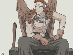 Rule 34 | 1boy, abs, black pants, brown gloves, brown wings, canopus wolph, earrings, feather earrings, feathered wings, feathers, gloves, headband, jewelry, long hair, male focus, pants, red hair, sitting, solo, tactics ogre, weapon, windcaller, wings