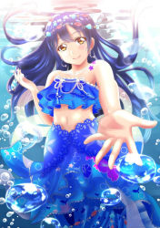 Rule 34 | 10s, 1girl, air bubble, artist request, black hair, blue hair, blurry, blush, brown eyes, bubble, circlet, depth of field, female focus, fins, fish tail, hair between eyes, hair ornament, in water, long hair, looking at viewer, love live!, love live! school idol festival, love live! school idol project, mermaid, monster girl, navel, ocean, smile, solo, sonoda umi, submerged, tail, yellow eyes