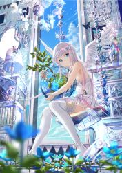 Rule 34 | 1girl, angel, angel wings, bare arms, bare shoulders, blue eyes, blue sky, blurry, cloud, creatures (company), day, depth of field, dress, earth (planet), flower, fuzichoco, game freak, gen 3 pokemon, hair ribbon, lamp, long hair, looking at viewer, nintendo, original, planet, pokemon, pokemon (creature), ribbon, short dress, silcoon, sitting, sky, sleeveless, sleeveless dress, smile, solo, thighhighs, thighs, very long hair, white dress, white thighhighs, wings