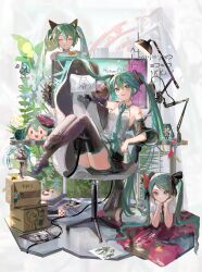 Rule 34 | &gt; &lt;, 1925 (vocaloid), 3girls, ^ ^, absurdres, aimaina, aqua eyes, aqua hair, aqua necktie, black ribbon, black sleeves, blush, box, calc. (vocaloid), cardboard box, chair, closed eyes, collared shirt, commentary, cookie, danmaku comments, dappled sunlight, desk, desk lamp, detached sleeves, drawing, dress, figure, flower, food, furrowed brow, gaming chair, glass slipper, grey shirt, hair ornament, hair ribbon, hands on own cheeks, hands on own face, hatsune miku, hatsune miku (if), headphones, heartbeat (module), hello planet (vocaloid), highres, holding, holding food, holding spring onion, holding vegetable, karakuri pierrot (vocaloid), kikinoki, koi wa sensou (vocaloid), lamp, long hair, looking at viewer, lying, melt (vocaloid), microphone, monitor, multicolored clothes, multiple girls, multiple persona, musical note, necktie, nendoroid, number tattoo, odds &amp; ends (vocaloid), ojama mushi (vocaloid), on stomach, peony (flower), pixel art, plant, poppippoo (vocaloid), project diva, project diva (series), project diva f, raspberry monster (vocaloid), ribbon, romeo to cinderella (vocaloid), saihate (vocaloid), semi-transparent, senbon-zakura (vocaloid), shirt, sitting, smile, song request, spring onion, sunlight, supreme (module), swivel chair, tattoo, teeth, tell your world (vocaloid), the pose, thighhighs, translated, twintails, unknown mother goose (vocaloid), vegetable, very long hair, vocaloid, white dress, world is mine (vocaloid), zettai ryouiki
