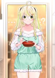 Rule 34 | ...?, 1girl, ahoge, bare shoulders, blonde hair, blue dress, blurry, blurry background, blush, chikuwa., closed mouth, collarbone, comic, cookie hair ornament, depth of field, dress, eyebrows hidden by hair, food-themed hair ornament, frilled dress, frills, glasses, green eyes, green hair, hair between eyes, hair ornament, highres, holding, holding spoon, indoors, long hair, long sleeves, looking at viewer, multicolored hair, off-shoulder dress, off shoulder, original, puffy long sleeves, puffy sleeves, round eyewear, smile, solo, spoon, standing, streaked hair, translation request, two side up, very long hair