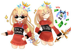 Rule 34 | 2girls, absurdres, alternate costume, artist name, banknote, blonde hair, braid, brown eyes, cheekama (neptunia), chibi, closed eyes, clothes writing, commentary, crown, crystal, dress, english text, fairy, fairy wings, gradient hair, hair between eyes, hair ornament, hair ribbon, halo, hand in pocket, highres, holding, holding sword, holding weapon, long hair, million arthur (neptunia), million arthur (series), money, multicolored hair, multiple girls, neptune (series), no pants, open mouth, ribbon, ring hair ornament, shin jigen game neptune vii, simple background, smile, smirk, smug, sparkle, sunglasses, sweater, sword, throwing, throwing money, weapon, white background, wings, yitsune melody
