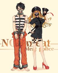 Rule 34 | 1boy, 1girl, absurdres, arm tattoo, baton (weapon), belt, black belt, black dress, black gloves, black hair, black headwear, black mask, black necktie, black shirt, blonde hair, chain, chained, chained wrists, collar, collared dress, cuffs, dress, fingerless gloves, full body, gloves, hair between eyes, hat, high heels, highres, holding, holding megaphone, iv 4t, long hair, megaphone, metal collar, necktie, nijisanji, o-ring, o-ring thigh strap, police, police hat, police uniform, policewoman, prison clothes, prisoner, red eyes, red footwear, red nails, shackles, shirt, short hair, short sleeves, sleeveless, sleeveless shirt, standing, striped clothes, striped shirt, sweatdrop, takamiya rion, tattoo, thigh strap, torn clothes, torn shirt, uniform, virtual youtuber, weapon, white shirt, yumeoi kakeru