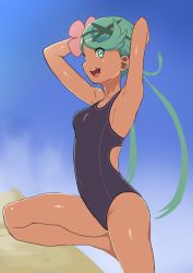 Rule 34 | 1girl, absurdres, armpits, arms up, breasts, creatures (company), game freak, green eyes, green hair, highres, long hair, mallow (pokemon), nintendo, one-piece swimsuit, open mouth, pokemon, pokemon sm, sideboob, small breasts, smile, solo, swimsuit, thighs, toranoe, trial captain, twintails