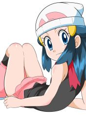 Rule 34 | 1girl, beanie, blue eyes, blue hair, boots, breasts, creatures (company), curvy, dawn (pokemon), female focus, game freak, hainchu, hat, highres, looking at viewer, nintendo, pokemon, pokemon (anime), pokemon dppt (anime), simple background, skirt, small breasts, smile, solo, white background