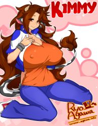 Rule 34 | 1girl, agawa ryou, animal ears, artist name, bracelet, breasts, brown eyes, brown hair, cleavage, cow ears, cow girl, cow horns, cow tail, curvy, covered erect nipples, female focus, horns, huge breasts, jewelry, long hair, pants, shirt, shoes, sitting, sneakers, solo, sweatdrop, tail, watermark, web address