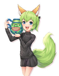 Rule 34 | + +, 1girl, :d, animal ear fluff, animal ears, batazungharn, black shirt, black skirt, blue eyes, green hair, highres, holding, holding pot, long sleeves, looking at viewer, open mouth, original, pot, pot of greed, shirt, short hair, simple background, skirt, smile, solo, standing, sweater, tail, white background, yu-gi-oh!