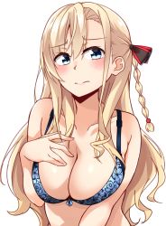 Rule 34 | 1girl, 3:, absurdres, animal print, bare arms, bare shoulders, bikini, black bow, blonde hair, blue bra, blue eyes, blush, bow, bow bra, bra, braid, breasts, butterfly print, cleavage, closed mouth, collarbone, commentary request, floral print, hair between eyes, hair bow, hand on own chest, hand up, head tilt, high school fleet, highres, kapatarou, large breasts, long hair, looking at viewer, print bikini, side braid, sidelocks, simple background, single braid, solo, swimsuit, underwear, upper body, very long hair, white background, wilhelmina braunschweig ingenohl friedeburg