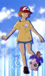 Rule 34 | 2girls, digimon, green eyes, hat, highres, multiple girls, one eye closed, pyocomon, takenouchi sora, wink