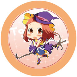 Rule 34 | 1girl, :o, between legs, blush, boots, brown eyes, chibi, copyright name, dress, gloves, gradient background, harumi kajika, hat, microphone, microphone stand, minami (colorful palette), purple gloves, red hair, round image, solo, standing, standing on one leg, tokyo 7th sisters, witch, witch hat