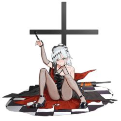 Rule 34 | 1girl, asymmetrical bangs, bat hair ornament, black footwear, black nails, black pantyhose, bound, bound wrists, breasts, cancer (zjcconan), cape, checkered floor, cross, damaged, detached sleeves, fang, fang out, full body, girls&#039; frontline, gun, h&amp;k psg1, hair ornament, halloween, halloween costume, long hair, looking at viewer, medium breasts, nail polish, official alternate costume, official art, open mouth, pantyhose, ponytail, pouch, psg-1 (girls&#039; frontline), psg-1 (phantom assault) (girls&#039; frontline), rifle, scope, sidelocks, sitting, sniper rifle, solo, spread legs, strap, torn clothes, transparent background, vampire, vampire costume, weapon