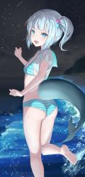 Rule 34 | 1girl, :d, ass, bad id, bad pixiv id, barefoot, beach, bikini, blue bikini, blue hair, blunt bangs, dolphenry, fins, fish tail, flat chest, gawr gura, hair ornament, hands up, highres, hololive, hololive english, looking at viewer, looking back, multicolored hair, night, night sky, open mouth, shark girl, shark tail, sharp teeth, short hair, side ponytail, sky, smile, solo, standing, standing on one leg, star (sky), starry sky, streaked hair, striped bikini, striped clothes, swimsuit, tail, teeth, virtual youtuber, water, white hair