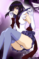 Rule 34 | 1990s (style), 1girl, ass, bad id, bad pixiv id, bishoujo senshi sailor moon, bow, brooch, brown bow, elbow gloves, gloves, jewelry, panties, pantyshot, purple skirt, purple thighhighs, retro artstyle, sailor saturn, scared, short hair, skirt, solo, star brooch, thighhighs, tomoe hotaru, underwear, upskirt, white gloves, white panties, wince, yu deng