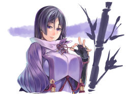 Rule 34 | 1girl, bamboo, blush, breasts, commentary, fate/grand order, fate (series), fingerless gloves, gloves, huge breasts, lips, long hair, looking at viewer, minamoto no raikou (fate), parted bangs, parted lips, puffy sleeves, purple eyes, purple hair, sano sanosuke, simple background, smile, solo