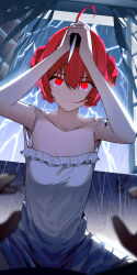 1girl 1other absurdres alternate_costume breasts closed_mouth collarbone commentary danjin_(wuthering_waves) dress english_commentary glowing glowing_eyes hair_between_eyes highres holding holding_knife knife lightning looking_at_viewer pov rain red_eyes red_hair ryeon_(bluetom1) short_hair small_breasts solo_focus tacet_mark_(wuthering_waves) white_dress wuthering_waves