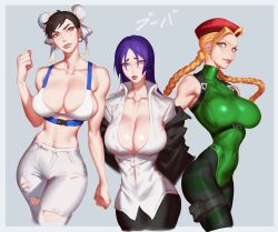 Rule 34 | 3girls, absurdres, alternate breast size, antenna hair, aqua eyes, arms behind back, bare arms, bare shoulders, beret, black jacket, black pants, blonde hair, bra, braid, breasts, brown hair, cammy white, camouflage, camouflage legwear, capcom, chun-li, cleavage, clenched hand, collarbone, collared shirt, cowboy shot, fate/grand order, fate (series), fortnite, green leotard, grey background, hair ribbon, hat, heattech leotard, highleg, highleg leotard, highres, jacket, jacket partially removed, large breasts, leotard, long hair, looking at viewer, midriff, minamoto no raikou (fate), multiple girls, open clothes, open shirt, pants, parted bangs, parted lips, purple eyes, purple hair, red headwear, ribbon, shirt, short hair, skin tight, smile, street fighter, suit jacket, swept bangs, thigh strap, toned, torn clothes, torn pants, translated, turtleneck, twin braids, underwear, white bra, white pants, white ribbon, white shirt, zelus