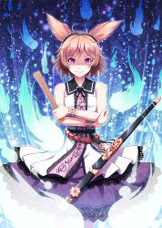 Rule 34 | 1girl, akashio (loli ace), antenna hair, brown hair, crossed arms, looking at viewer, purple eyes, smile, solo, sword, touhou, toyosatomimi no miko, weapon
