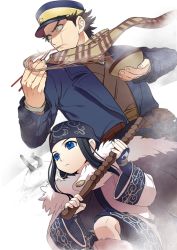 Rule 34 | 1girl, 2boys, ainu, ainu clothes, asirpa, bandana, belt, black hair, blue eyes, blue jacket, boots, bowl, brown belt, buried, cape, chopsticks, closed mouth, commentary request, eating, food, fur cape, fur trim, golden kamuy, hat, holding, holding bowl, holding chopsticks, holding stick, imperial japanese army, jacket, japanese clothes, kepi, legs up, long hair, long sideburns, long sleeves, looking away, military, military hat, military uniform, multiple boys, noodles, onnomono, outdoors, scar, scar on face, scarf, shiraishi yoshitake, short hair, snow, stick, sugimoto saichi, uniform, upper body, wide sleeves, yellow eyes, yellow scarf