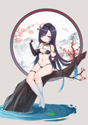 Rule 34 | 1girl, absurdres, adapted costume, aged down, alternate hair color, aqua nails, arm at side, arm up, bikini, bikini under clothes, black bikini, black gloves, black hair, breast curtain, breasts, circle, clothing cutout, crossed ankles, elbow gloves, eyes visible through hair, flower, full body, genshin impact, gloves, groin, hair ornament, hair over one eye, hand up, highres, in tree, kneehighs, leaf, lily pad, long hair, looking at viewer, mengxin huazha, nail polish, navel, no shoes, painting (object), partially fingerless gloves, petals, red flower, shenhe (genshin impact), shenhe (young) (genshin impact), shoulder cutout, sitting, socks, solo, swimsuit, tassel, thigh strap, tree, very long hair, water