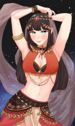Rule 34 | 1girl, absurdres, aqua eyes, arabian clothes, arm over head, armlet, artist name, artist request, bare shoulders, black hair, black sky, blue sky, blunt bangs, blush, breasts, bustier, cleavage, dancer, earrings, female focus, gold trim, green eyes, hair ornament, hands over head, harem outfit, highres, jewelry, kurosawa dia, long hair, looking at viewer, love live!, love live! school idol festival, love live! sunshine!!, medium breasts, mole, mole under mouth, night, night sky, parted lips, pink lips, red skirt, skirt, sky, small breasts, smile, solo, star (sky), veil