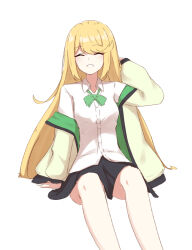 Rule 34 | 1girl, ^ ^, arm behind head, arm up, black skirt, blonde hair, blush, breasts, brown jacket, chirun0, closed eyes, collared shirt, commentary request, dress shirt, facing viewer, feet out of frame, highres, jacket, long hair, long sleeves, mythra (xenoblade), off shoulder, open clothes, open jacket, puffy long sleeves, puffy sleeves, shirt, simple background, sitting, skirt, sleeves past wrists, small breasts, smile, solo, very long hair, white background, white shirt, xenoblade chronicles (series), xenoblade chronicles 2