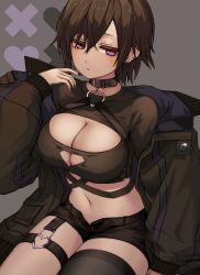 Rule 34 | 1girl, absurdres, asymmetrical legwear, black nails, black shorts, breasts, brown hair, chest harness, cleavage, cleavage cutout, clothing cutout, collar, earrings, grey background, hair between eyes, hand up, harness, heart o-ring, highres, jacket, jewelry, kushinaka, large breasts, long sleeves, nail polish, o-ring, open clothes, open jacket, original, purple eyes, short hair, short shorts, shorts, simple background, single thighhigh, sitting, solo, thighhighs