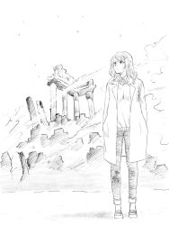 Rule 34 | 1girl, closed mouth, coat, collared shirt, full body, greyscale, hands in pockets, highres, long hair, looking up, monochrome, nikaidou kou, open clothes, open coat, original, outdoors, pants, ruins, shirt, shoes, solo, standing, wing collar