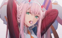 Rule 34 | 10s, 1girl, 6 (nvje5747), arms up, bad id, bad pixiv id, blush, candy, character request, darling in the franxx, food, green eyes, grey background, hairband, highres, horns, lollipop, long hair, looking at viewer, mouth hold, pink hair, round teeth, simple background, solo, teeth, upper body, white hairband, zero two (darling in the franxx)