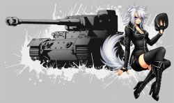 Rule 34 | 1girl, animal ears, breasts, cleavage, crescentia fortuna, grey hair, looking at viewer, medium breasts, military, military uniform, military vehicle, motor vehicle, original, purple eyes, sitting, solo, tail, tank, tiger (p), uniform, wolf ears, wolf tail, world of tanks