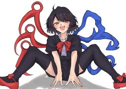 Rule 34 | 1girl, :d, asymmetrical wings, black dress, black hair, black thighhighs, blue wings, blush, bow, bowtie, dress, footwear bow, highres, houjuu nue, looking at viewer, mary janes, mouryou (chimimouryou), open mouth, red bow, red eyes, red footwear, shoes, short dress, short hair, short sleeves, simple background, sitting, smile, solo, spread legs, swept bangs, thighhighs, touhou, white background, wings