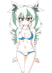 Rule 34 | 1girl, absurdres, anchovy (girls und panzer), bikini, black ribbon, blue bikini, blush, breasts, clenched hands, closed mouth, cowboy shot, crotch seam, dated, drill hair, drops mint, frown, girls und panzer, green hair, hair ribbon, halterneck, highres, long hair, looking at viewer, medium breasts, navel, raised eyebrow, red eyes, ribbon, solo, standing, sweatdrop, swimsuit, thigh gap, twin drills, twintails, twitter username