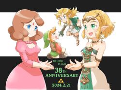 Rule 34 | 2boys, 2girls, anniversary, blonde hair, blue eyes, breasts, brown hair, dress, earrings, elf, grin, hat, highres, jewelry, link, looking at another, multiple boys, multiple girls, necklace, nintendo, pink dress, pointy ears, princess zelda, shield, smile, the legend of zelda, the legend of zelda: tears of the kingdom, the legend of zelda (nes), tiara, triforce, tunic, white dress