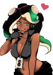 Rule 34 | 1girl, bare arms, bare shoulders, black gloves, black vest, breasts, cephalopod eyes, cleavage, collarbone, colored skin, covered erect nipples, crop top, cropped vest, dark-skinned female, dark skin, den itsuki, fingerless gloves, gloves, green eyes, green hair, green skin, grin, hand on own chin, hand up, headphones, heart, high collar, hip focus, lips, long hair, looking at viewer, marina (splatoon), medium breasts, mole, mole under mouth, multicolored hair, multicolored skin, navel, navel piercing, nintendo, octoling, piercing, purple hair, shorts, simple background, smile, solo, splatoon (series), splatoon 2, stomach, suction cups, tentacle hair, unzipped, upper body, vest, white background, yellow pupils, zipper, zipper pull tab