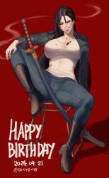 Rule 34 | 1girl, 50x48x48, black hair, black jacket, bleach, blood, blood on clothes, boots, breasts, brown footwear, cigarette, collarbone, covered navel, happy birthday, highres, holding, holding cigarette, jacket, katana, large breasts, leg up, long hair, looking to the side, open clothes, open jacket, red background, simple background, sitting, solo, spread legs, sword, twitter username, unohana retsu, weapon