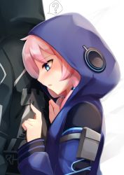Rule 34 | 1girl, ?, arknights, blue eyes, blue jacket, blue poison (arknights), blush, clinging, doctor (arknights), embarrassed, haribote (desk of coulomb), hood, hoodie, horizontal pupils, jacket, long coat, looking at another, open mouth, pale skin, pink hair, pouch, twintails, white background
