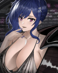 Rule 34 | 1girl, azur lane, backless dress, backless outfit, bare shoulders, blue hair, blue nails, breasts, car, car interior, cityscape, cleavage, collarbone, dress, earrings, evening gown, finger to mouth, grey dress, hair between eyes, hair ornament, hairclip, halter dress, halterneck, highres, jewelry, large breasts, looking at viewer, motor vehicle, nail polish, night, night sky, plunging neckline, purple eyes, revealing clothes, side ponytail, sidelocks, silver dress, sky, st. louis (azur lane), st. louis (luxurious wheels) (azur lane), yilin